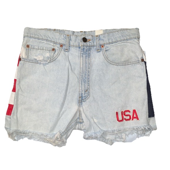 Levis Strauss Pants - VTG Levis USA Flag Reworked High Rise Cut Off frayed Denim Shorts Distressed 30"